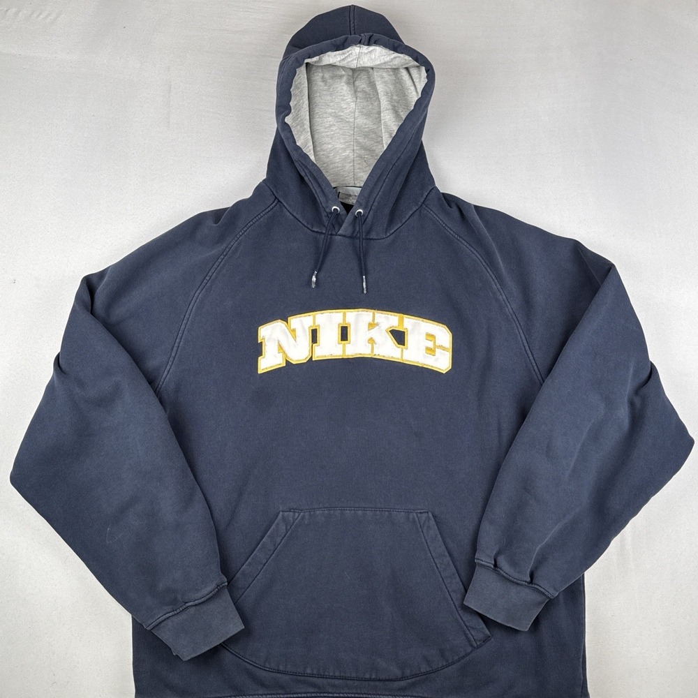 Vintage Y2K Nike Hoodie Center Spell Out Navy Pullover Silver Tag XL - Picture 1 of 15